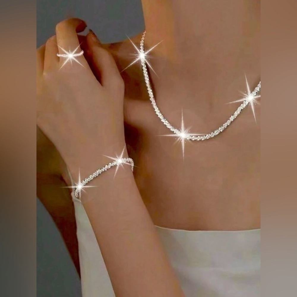Sparkling Silver Chain Bracelet And Ring Set
